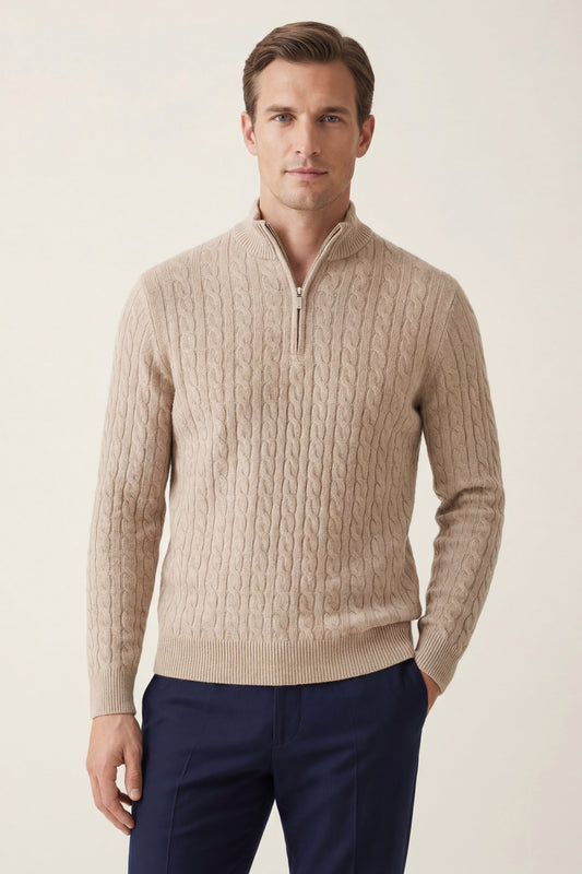 Lerano Beige Cashmere Cable Half Zip