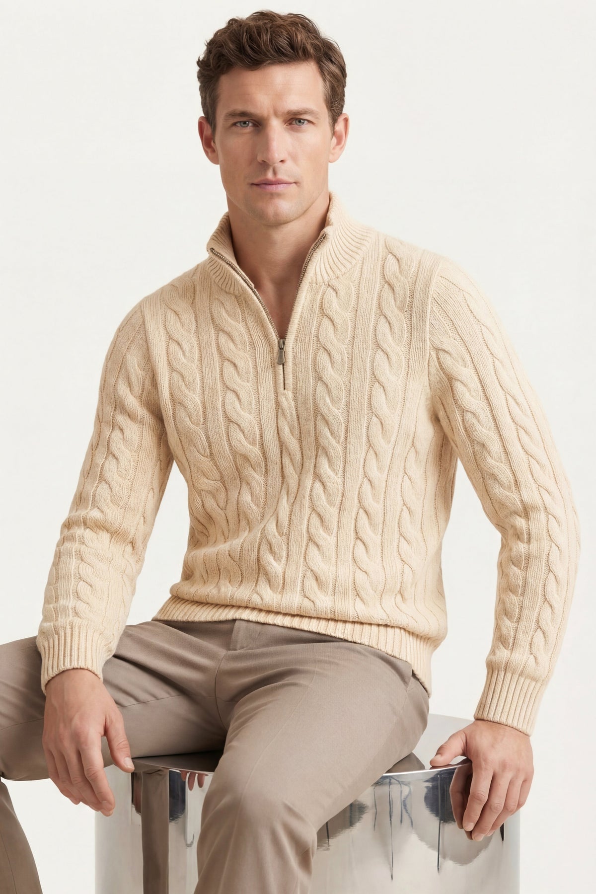 Medici Beige Cable Knit Zip Neck
