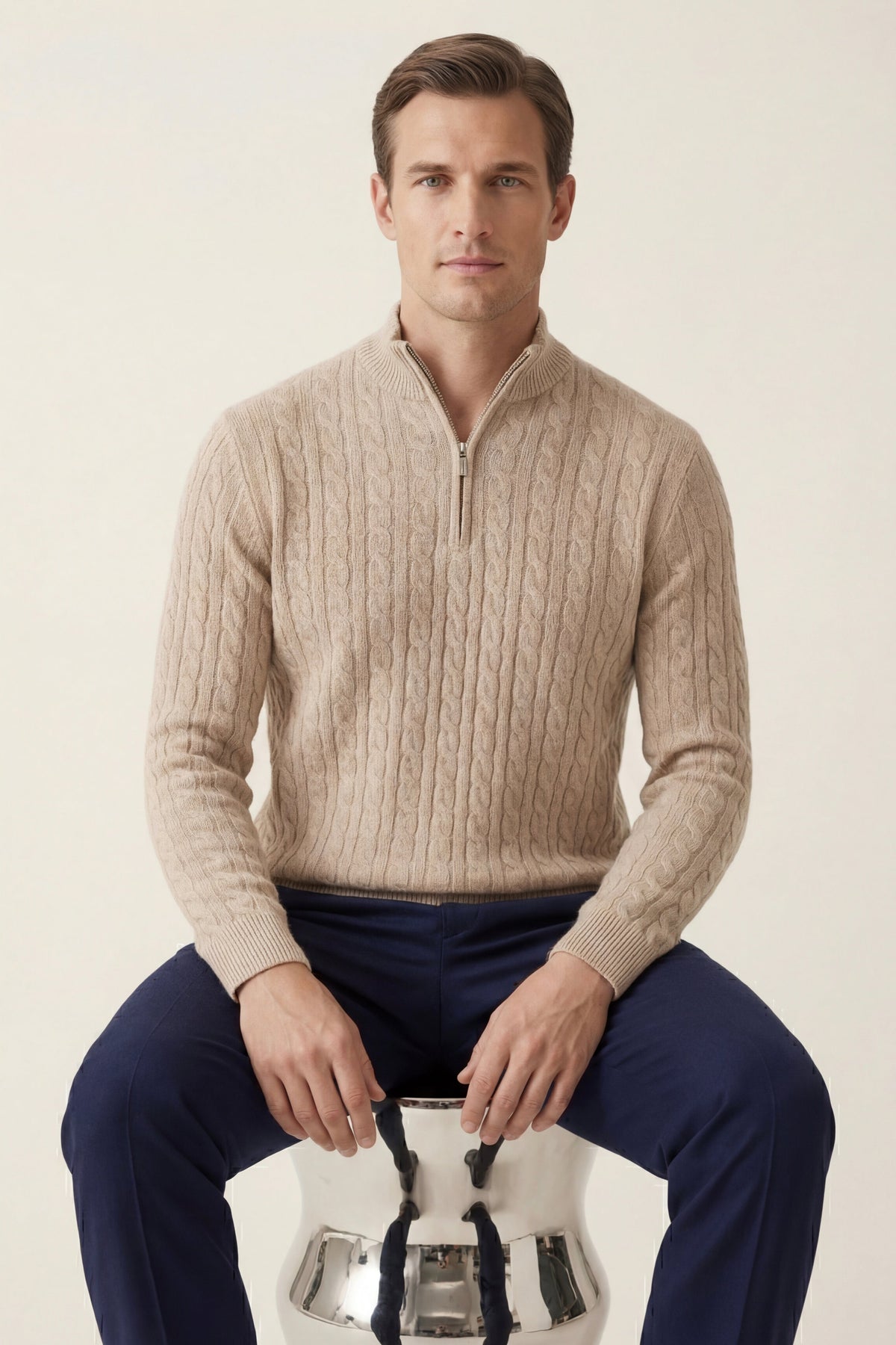 Lerano Beige Cashmere Cable Half Zip