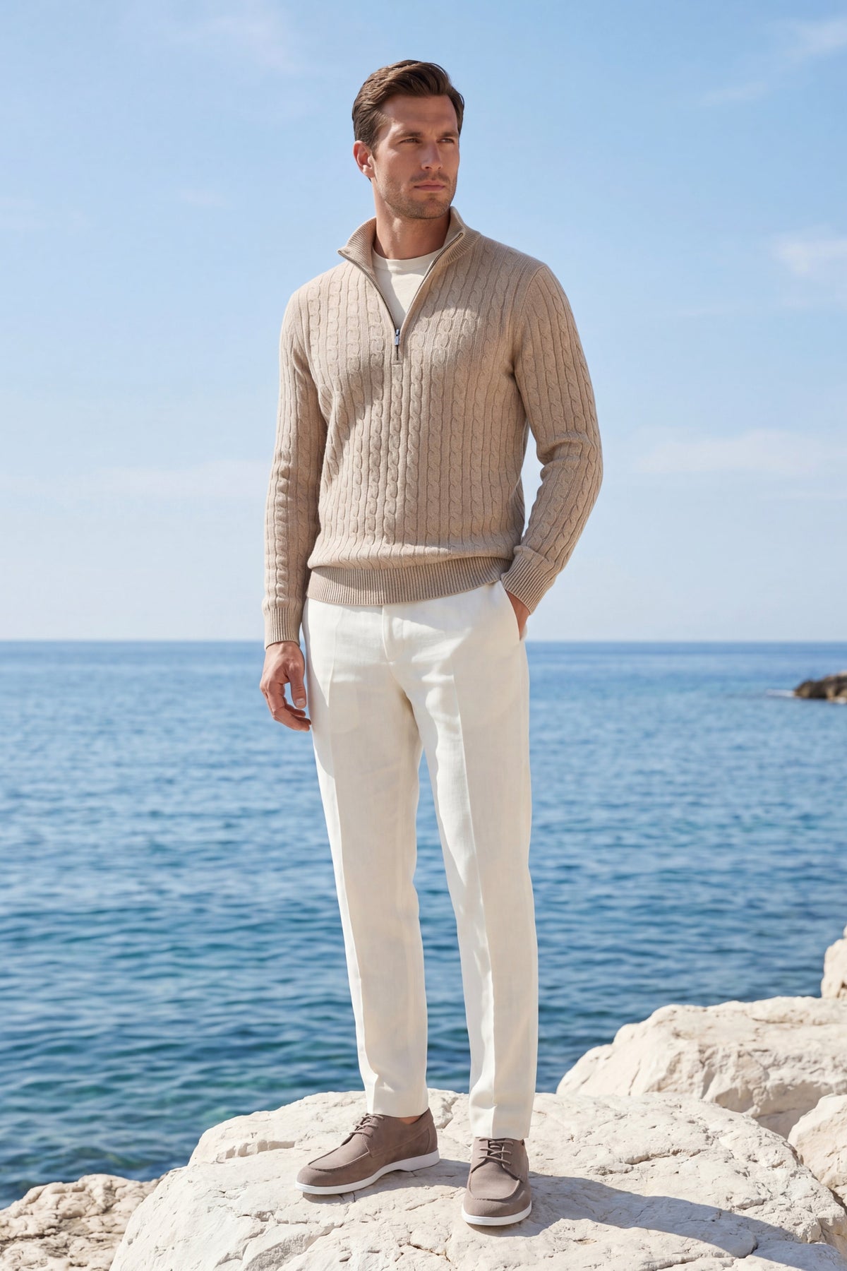 Lerano Beige Cashmere Cable Half Zip