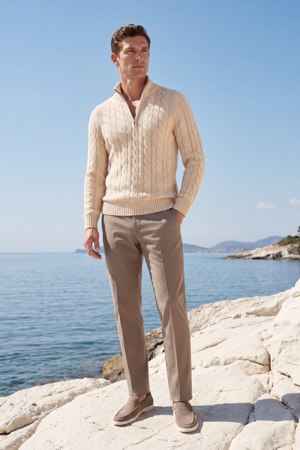 Medici Beige Cable Knit Zip Neck