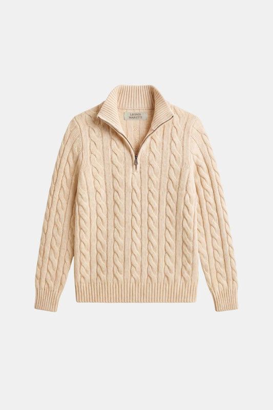Medici Beige Cable Knit Zip Neck