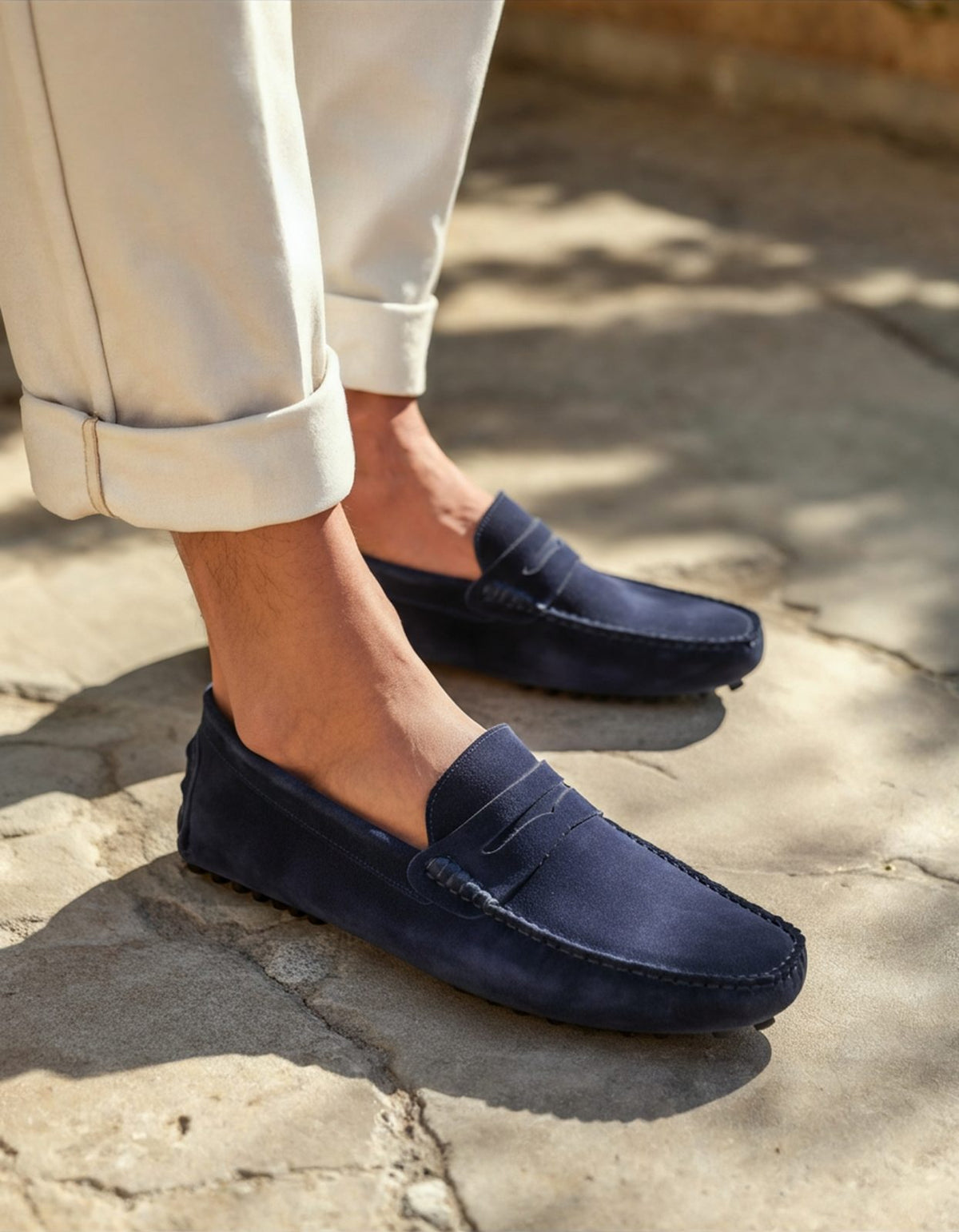 Navy suede drivers with cream trousers