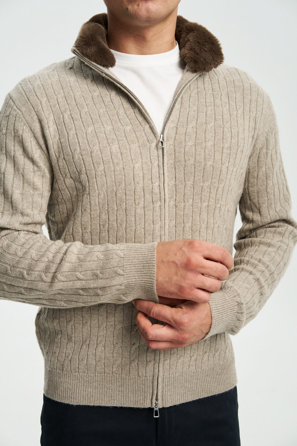 Davos Cable Zip Jumper with Fur Collar